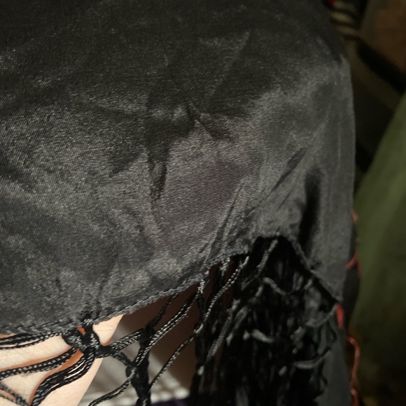 Vintage Silk Piano Shawl - Black Long Fringe Shawl with Red Floral Embroidery - Picture 9 of 10